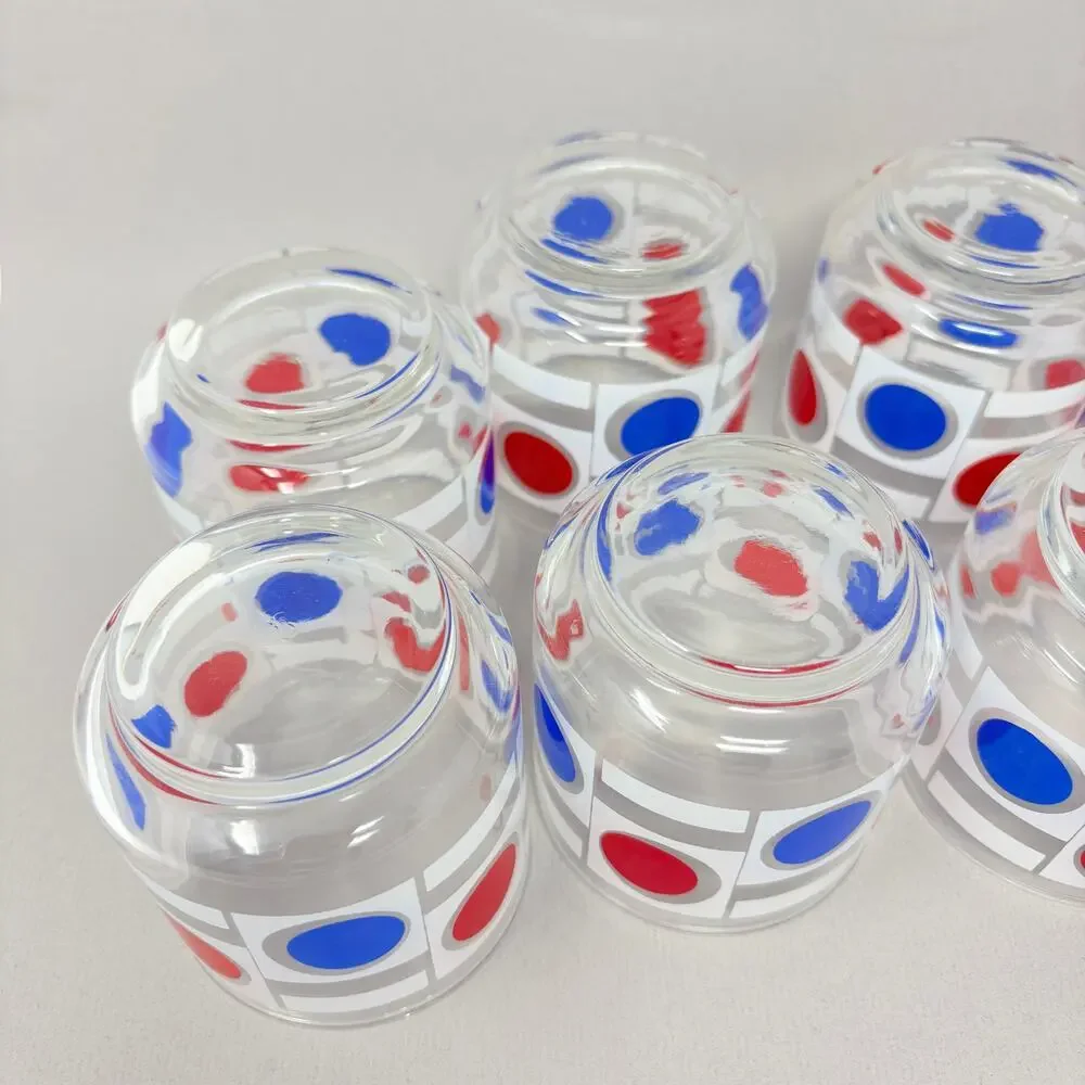 Set of 8 Vintage MCM Libbey Patriotic Red White Blue Dot Pattern Low Ball READ